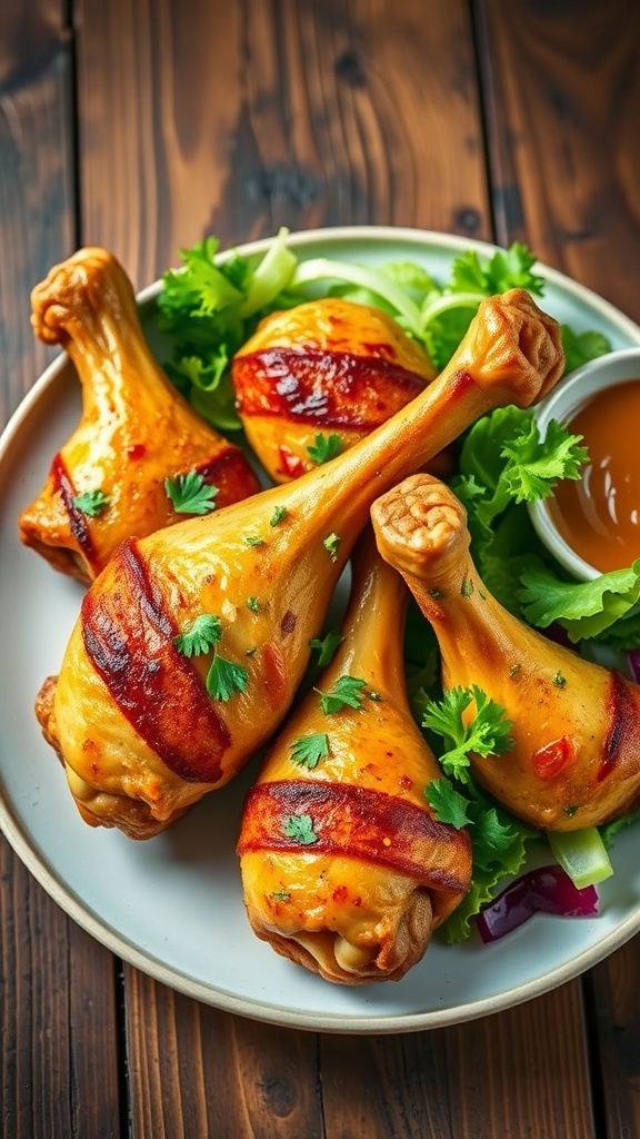 Baked chicken drumsticks on a plate with herbs and salad on a rustic table.